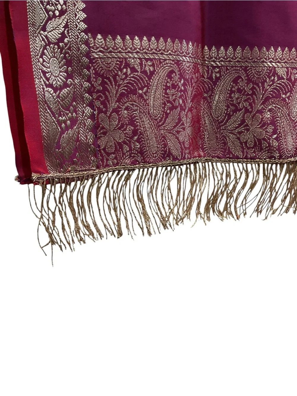 Silk Blend Magenta Shawl w Gold Paisley‎ Border Fringe